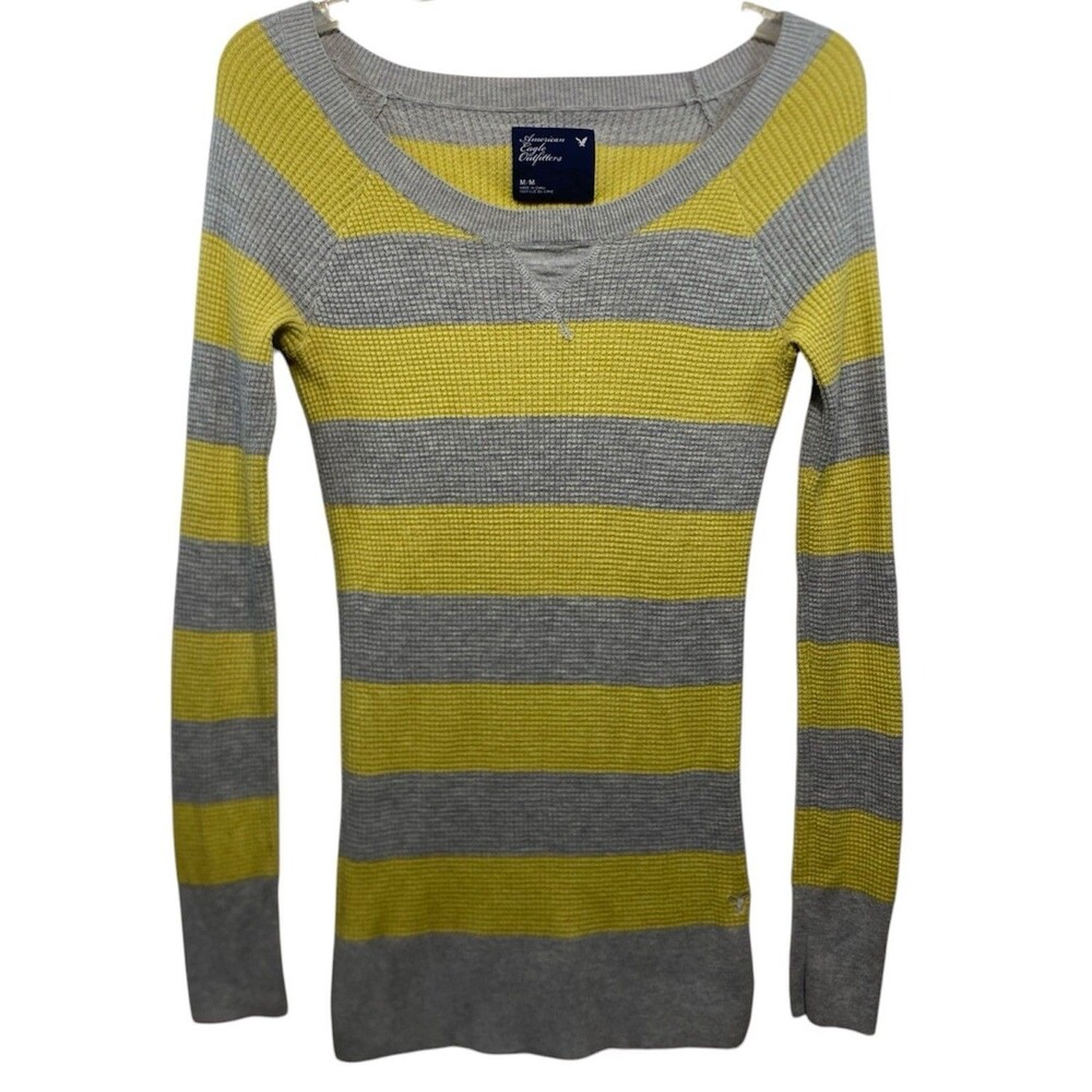 Vtg American Eagle Thermal Juniors Size M Gray Yellow Striped Waffle Knit Y2K